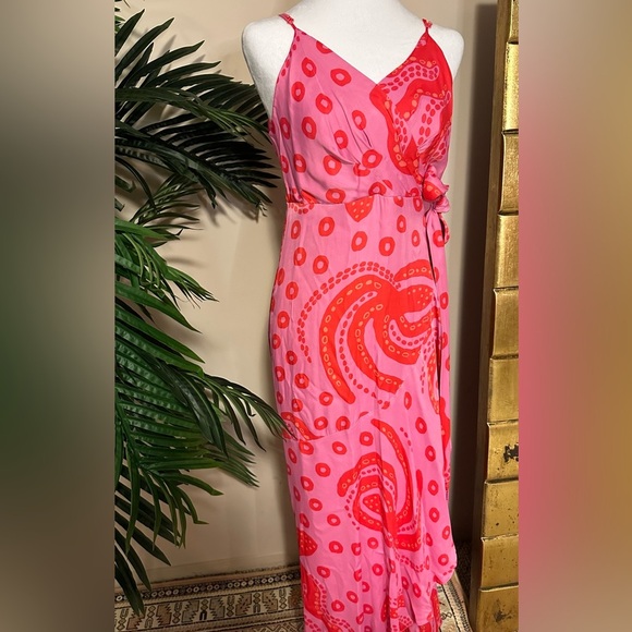 Farm Rio Octocool Wrap Dress V Neck Ruffled Detail Asymmetric Hem Pink Size M - Picture 6 of 8